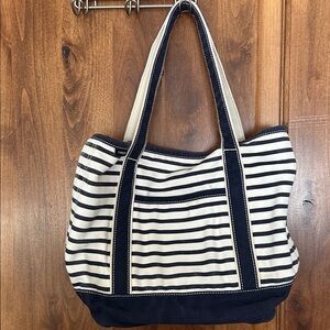 Lands End Canvas Blue White Nautical Striped Tote Bag